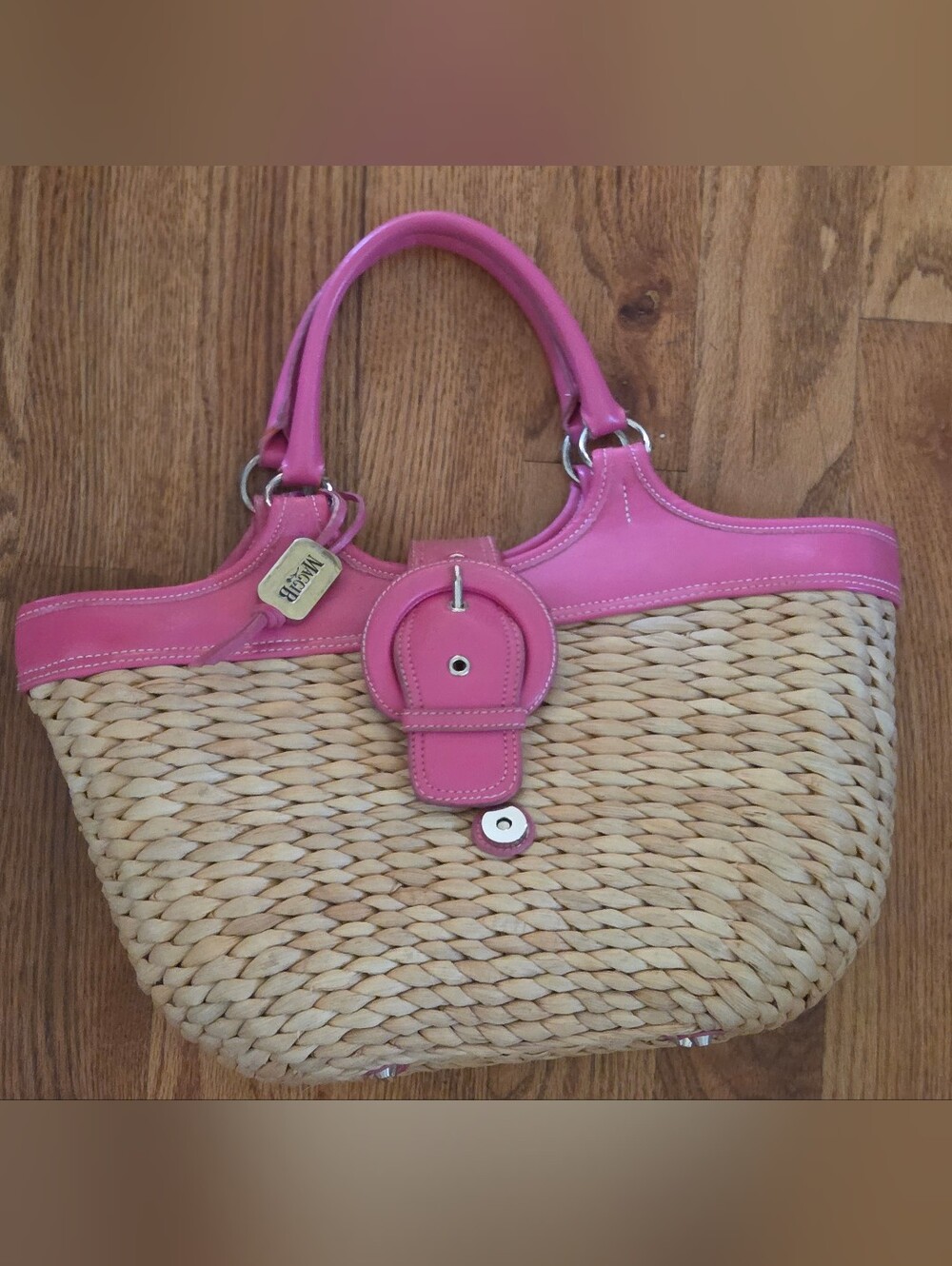 MaggiB St Tropez Woven Straw Satchel with Pink Trim and Buckle Accent